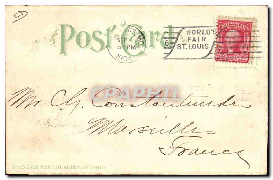CPA Fantaisie Carte transparente World's Fair St Louis 1904 US Government Building — Rückseite