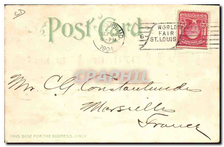 CPA Fantaisie Carte transparente World's Fair St Louis 1904 Palace of Education & Social Economy — Rückseite