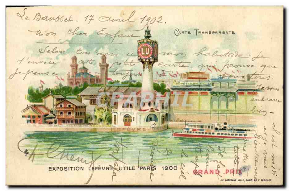 CPA Fantaisie Carte transparente Exposition Lefevre Utile Paris 1900 Grand Prix Grand Prix Bateau
