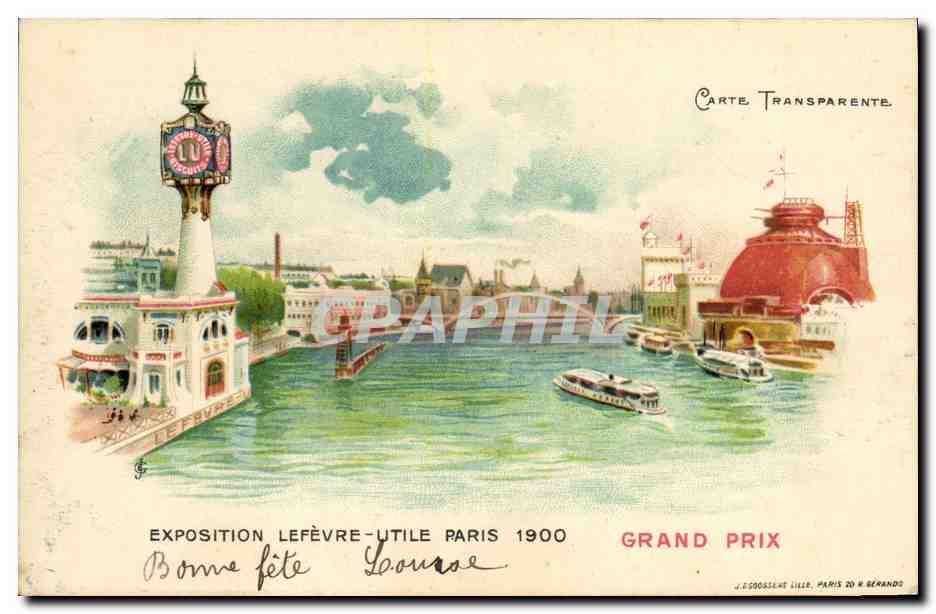 CPA Fantaisie Carte transparente Exposition Lefevre Utile Paris 1900 Grand Prix Bateau
