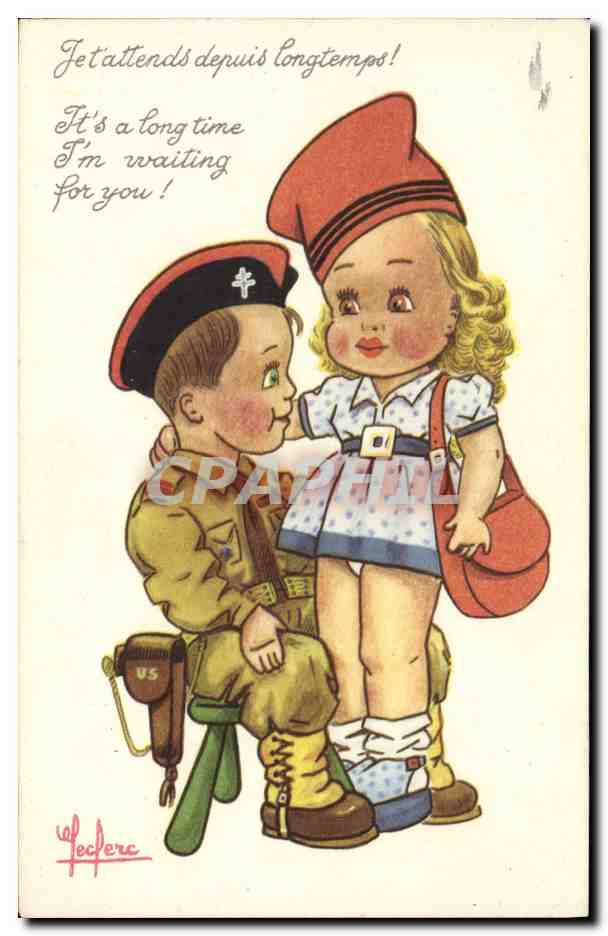 Enfant en uniforme militaire et petite fille — attente — Y. Leclerc