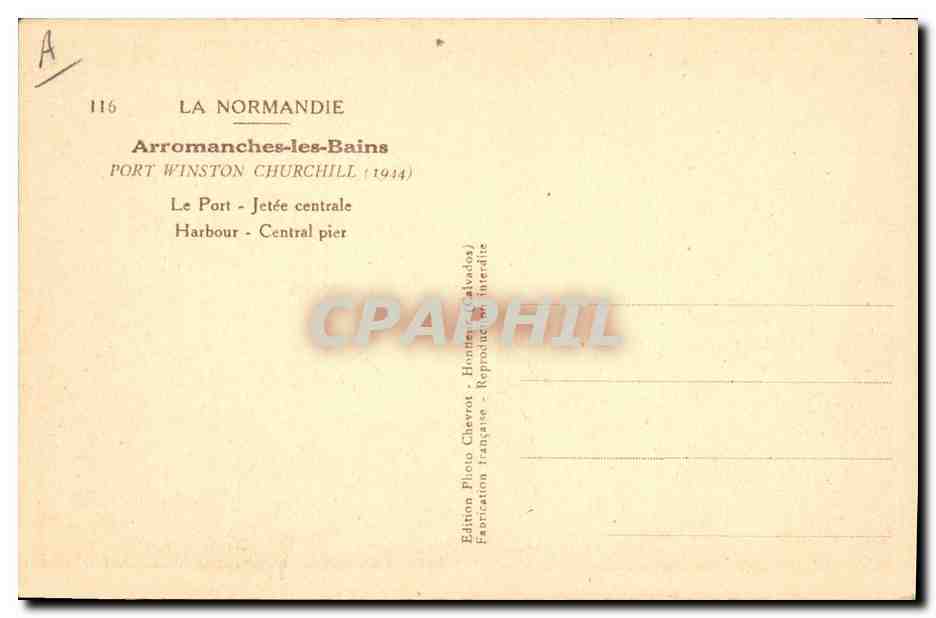 CPM Militaria Arromanches Les Bains Port Winston Churchill Le port Jetee centrale  — Rückseite