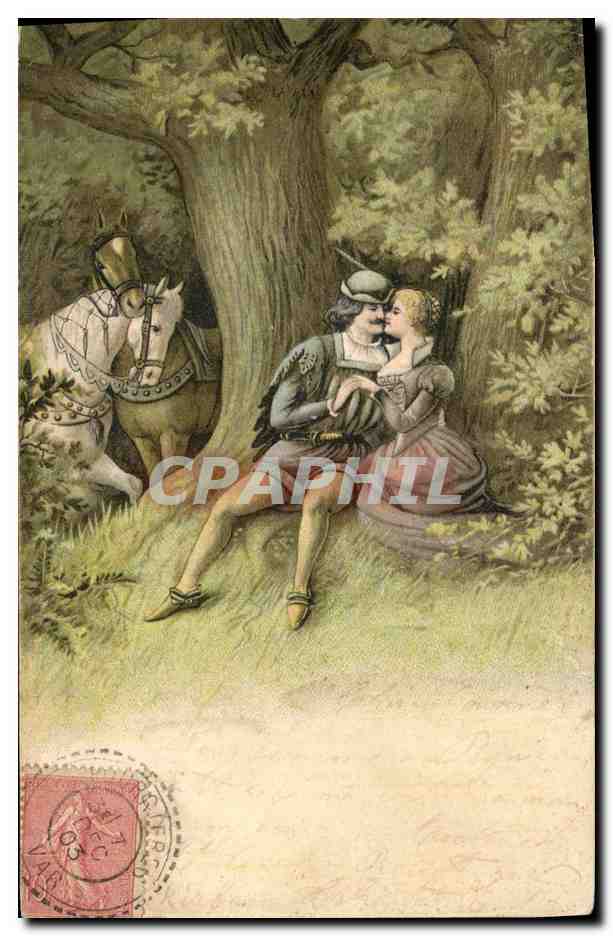 Amantes bajo un árbol — caballero y dama en traje de la época — editor no visible
