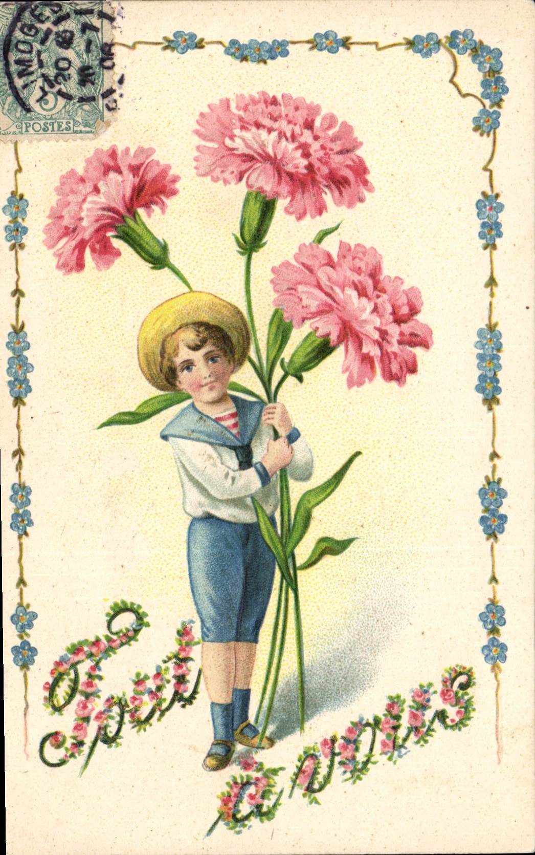 Enfant en uniforme marin tenant des pivoines — éditeur non visible, n° de série non visible