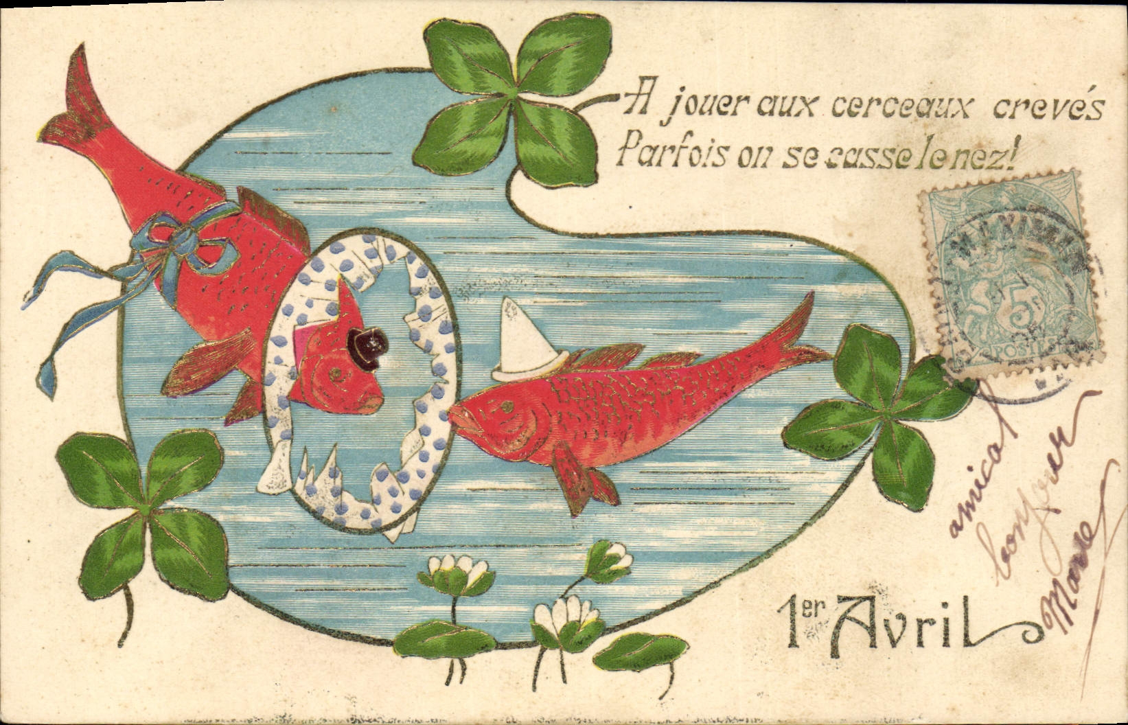 CPA Fantaisie Fleurs Poissons Trefles 1er Avril