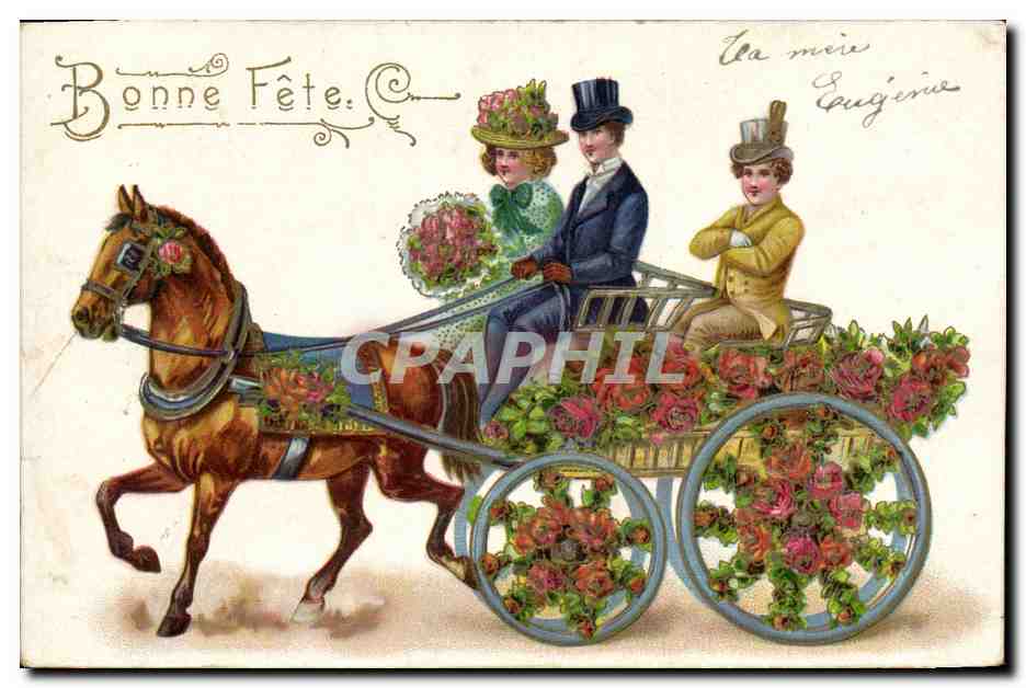 Cavalier et cavalière en calèche fleurie — Bonne Fête — éditeur non visible