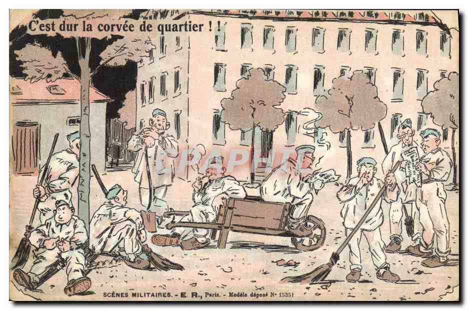 Scènes militaires — Corvée de quartier — E.R., Paris, Modèle déposé N° 15331
