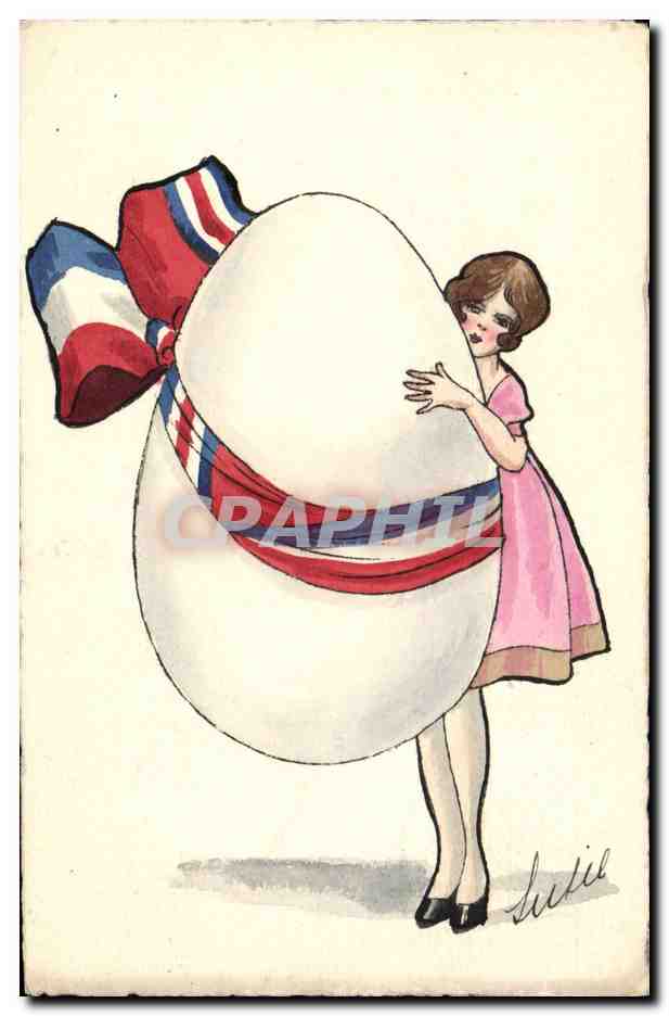 Femme tenant un grand œuf décoré du drapeau français — dessin signé 'Lucie' — éditeur non visible
