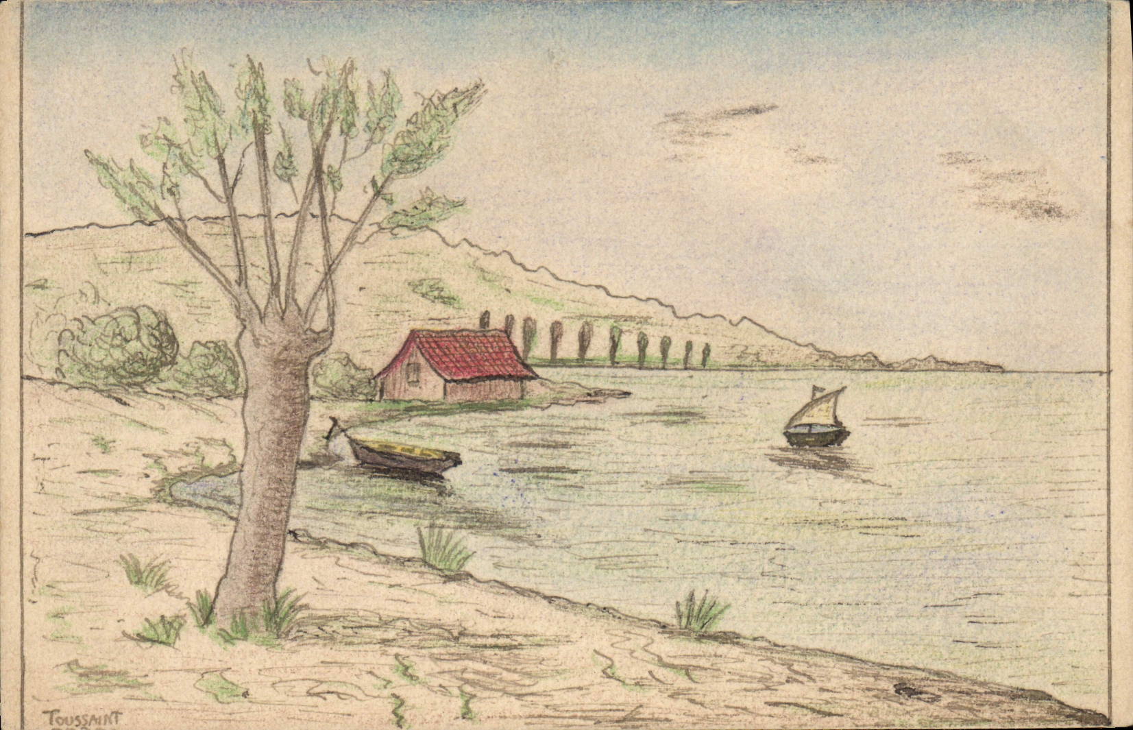 Vue de lac — Maison et bateau — dessin de Toussaint