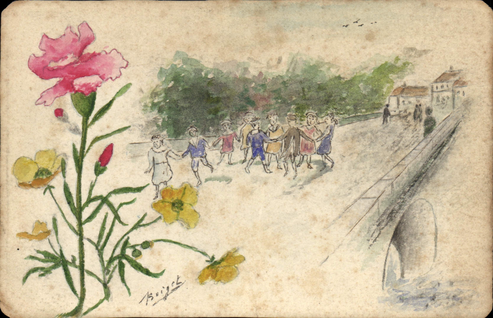 Enfants jouant sur un pont — dessin à l'aquarelle — signé Boujot