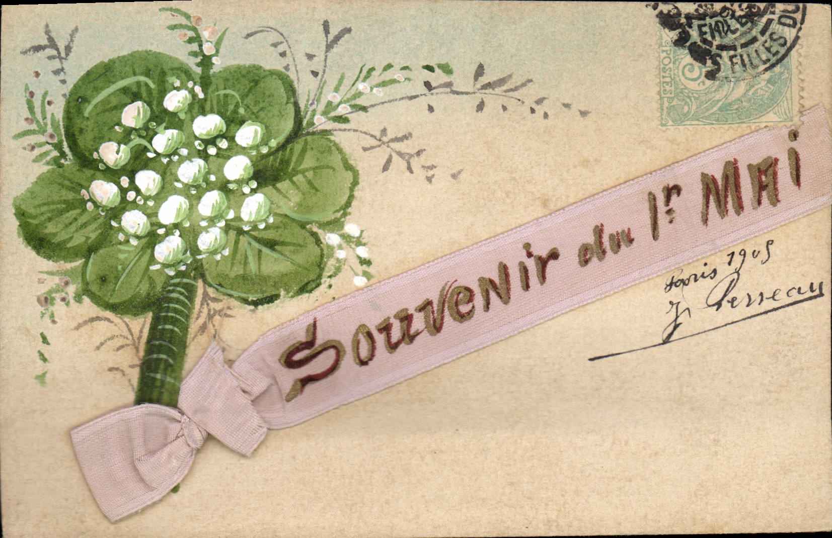 Bouquet de fleurs — Souvenir du 1er Mai — Paris, 1905 — J. Perseau