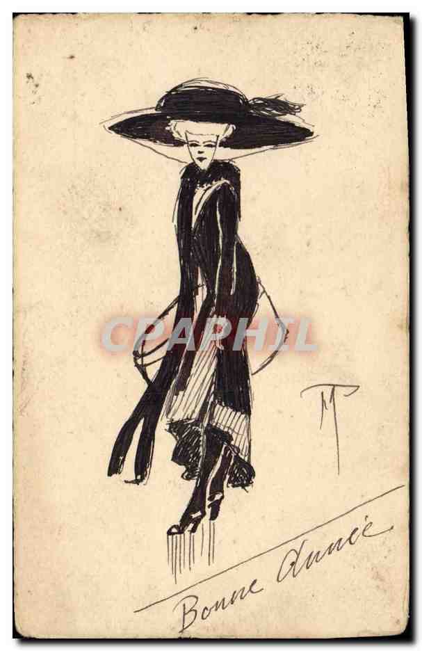 Femme en chapeau — Bonne Année — T.T. (signé) — Carte postale