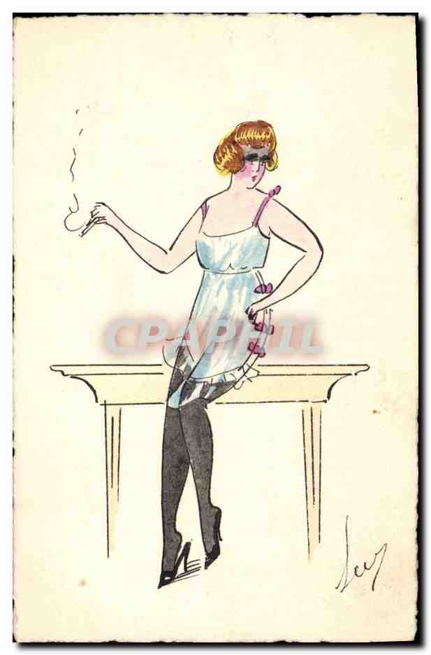 Femme en robe de nuit et lunettes — illustration — signée 'Levy'
