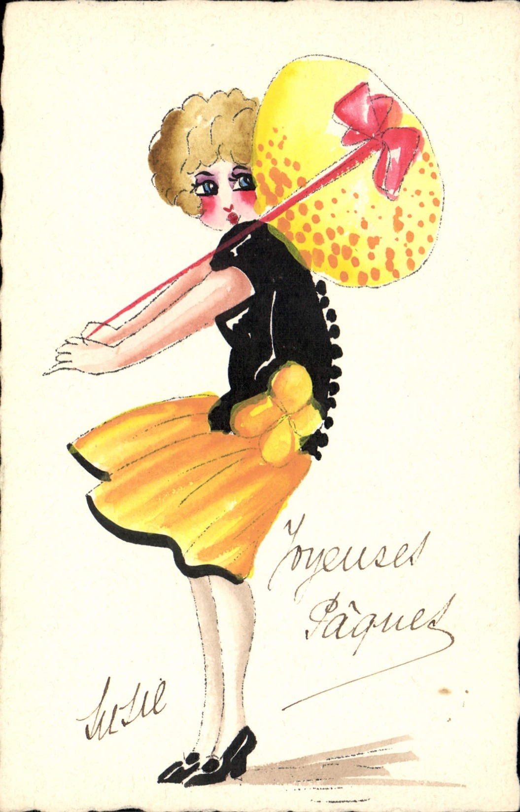 Femme en robe jaune et parapluie décoré — Joyeuses Pâques — Éditeur non identifié, n° de série non visible