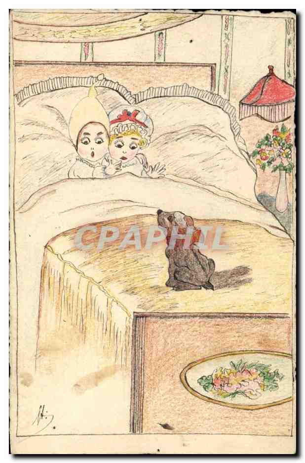 Deux enfants dans un lit — dessin à l'aquarelle — éditeur non visible