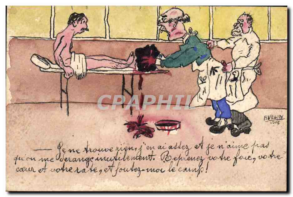 Scène de chirurgie humoristique — caricature de EVELIN — 1915