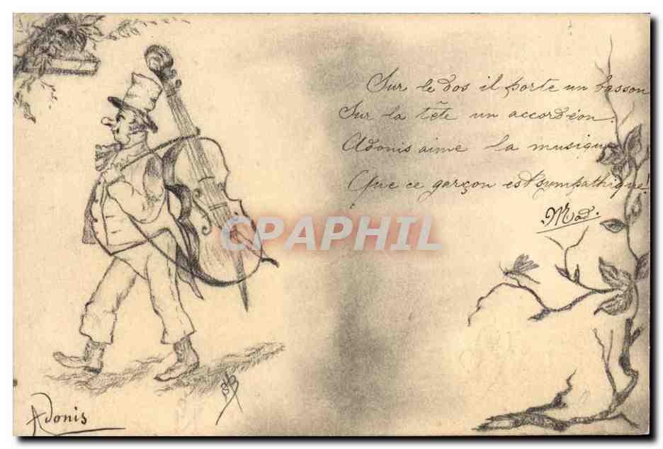 Gars avec un basse et un accordéon — dessin de Donis — éditeur non visible