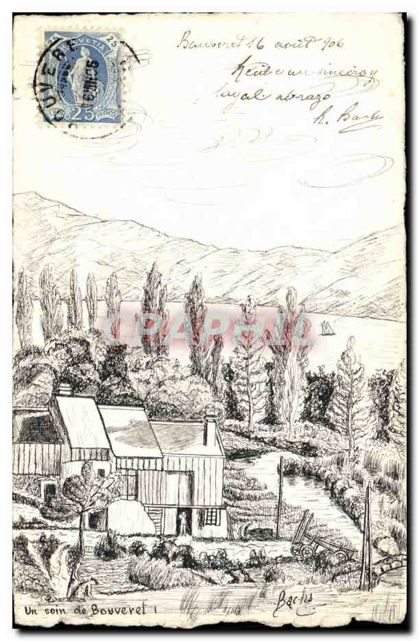Un coin de Bouveret — vue de la rive d'un lac avec montagnes — éditeur H. Barès, n°1