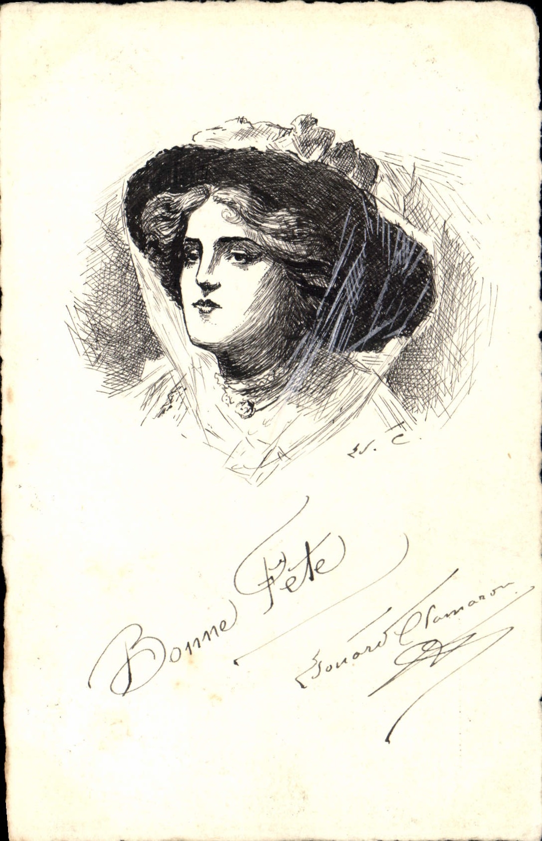 Portrait de femme — dessin signé V. C. — éditeur Sonnard Clamann