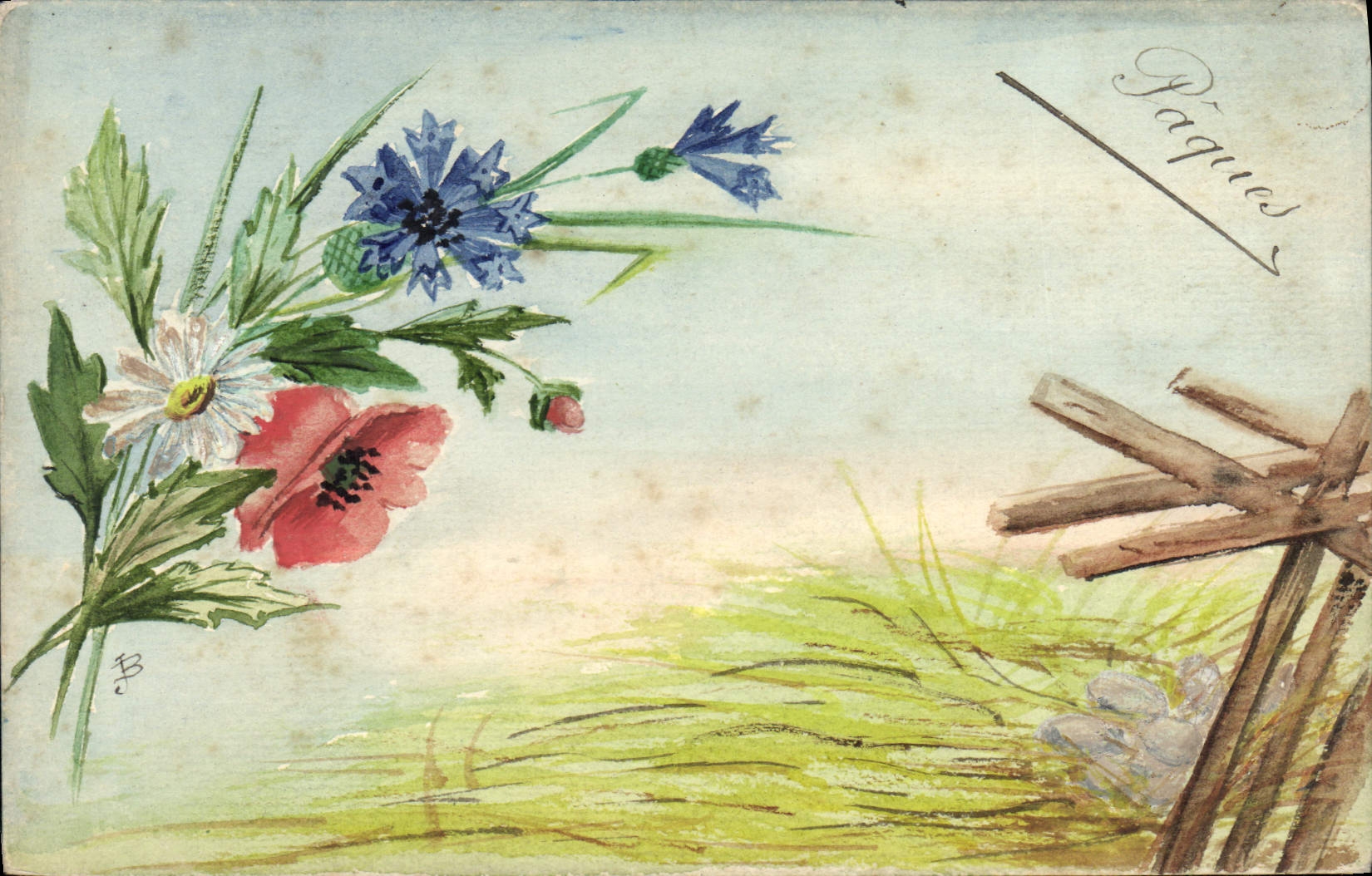 Fleurs de printemps — Paques — dessin signé 'B'