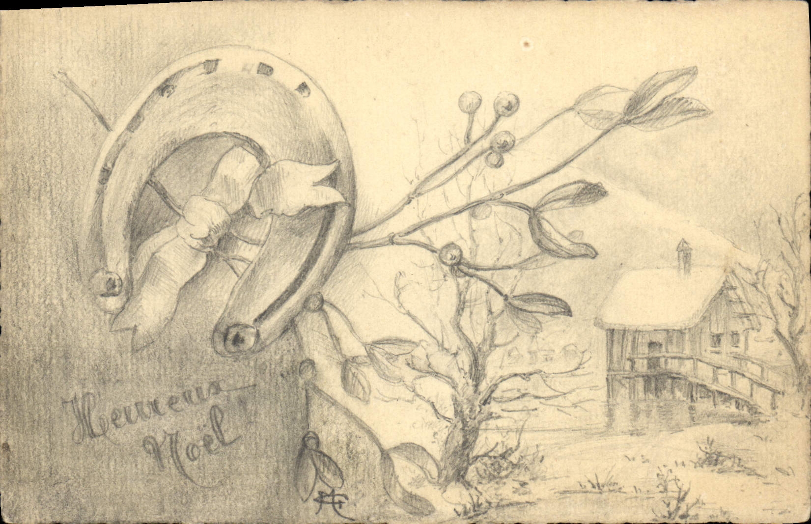 Horseshoe et gui — Noël — Carte postale dessinée