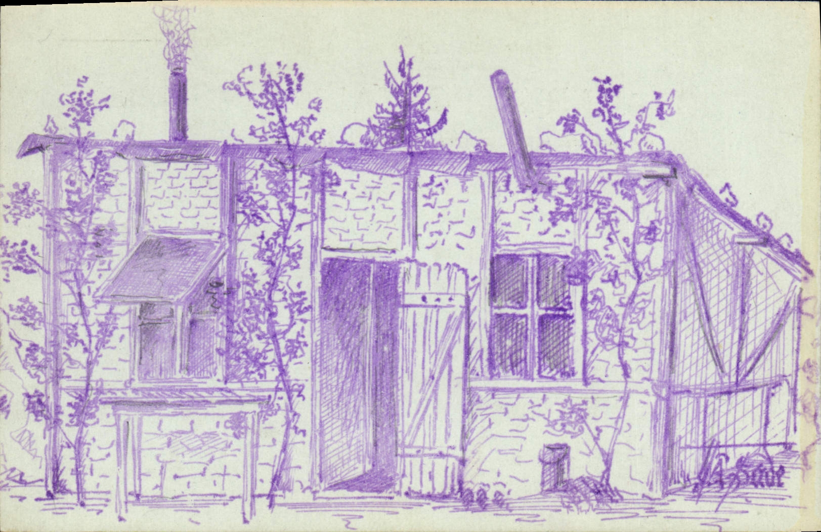 Dessin d'une maison en pierre — croquis à l'encre violette — W. H. Smith & Son, Paris