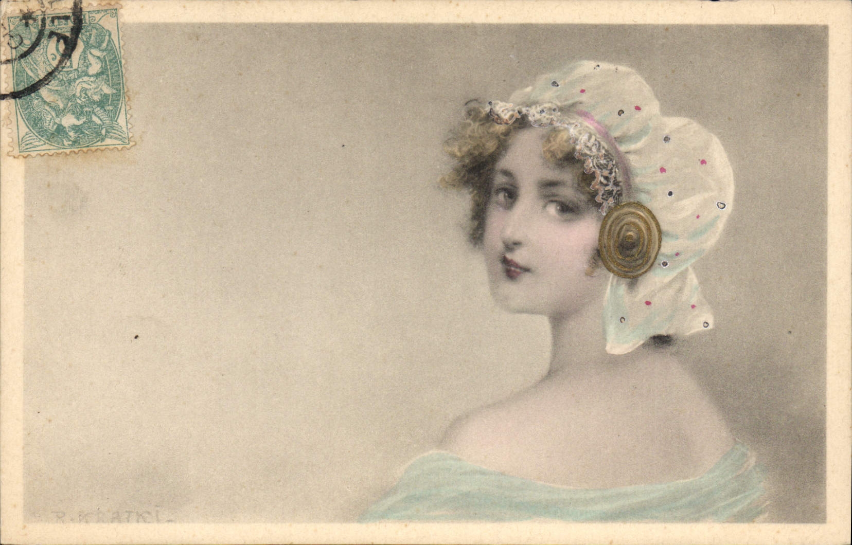 Jeune femme en bonnet à broderies — R. Kratki — n° de série non visible