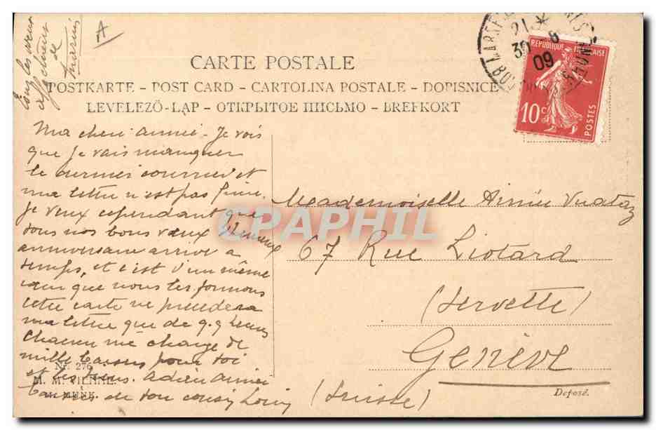 Femme en robe et chapeau fleuri tenant un bouquet de lilas — datée 30 août 1919 — Louis — Back