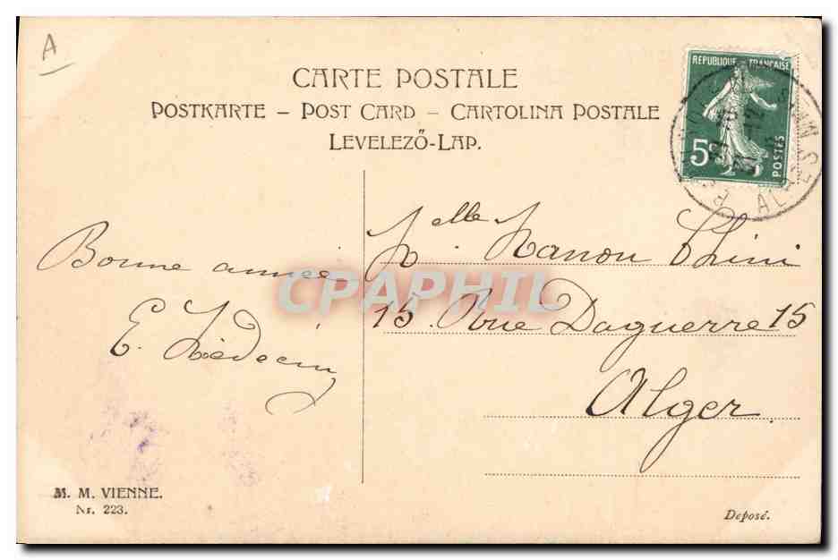 Fille en chapeau de paille — jardin — M. M. Vienne, N° 223 — Verso