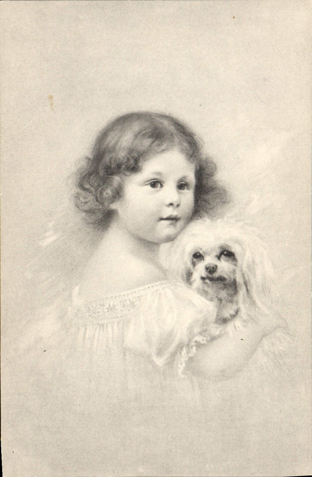 Petite fille avec un petit chien — dessin à l'encre — éditeur M. M. Vienne