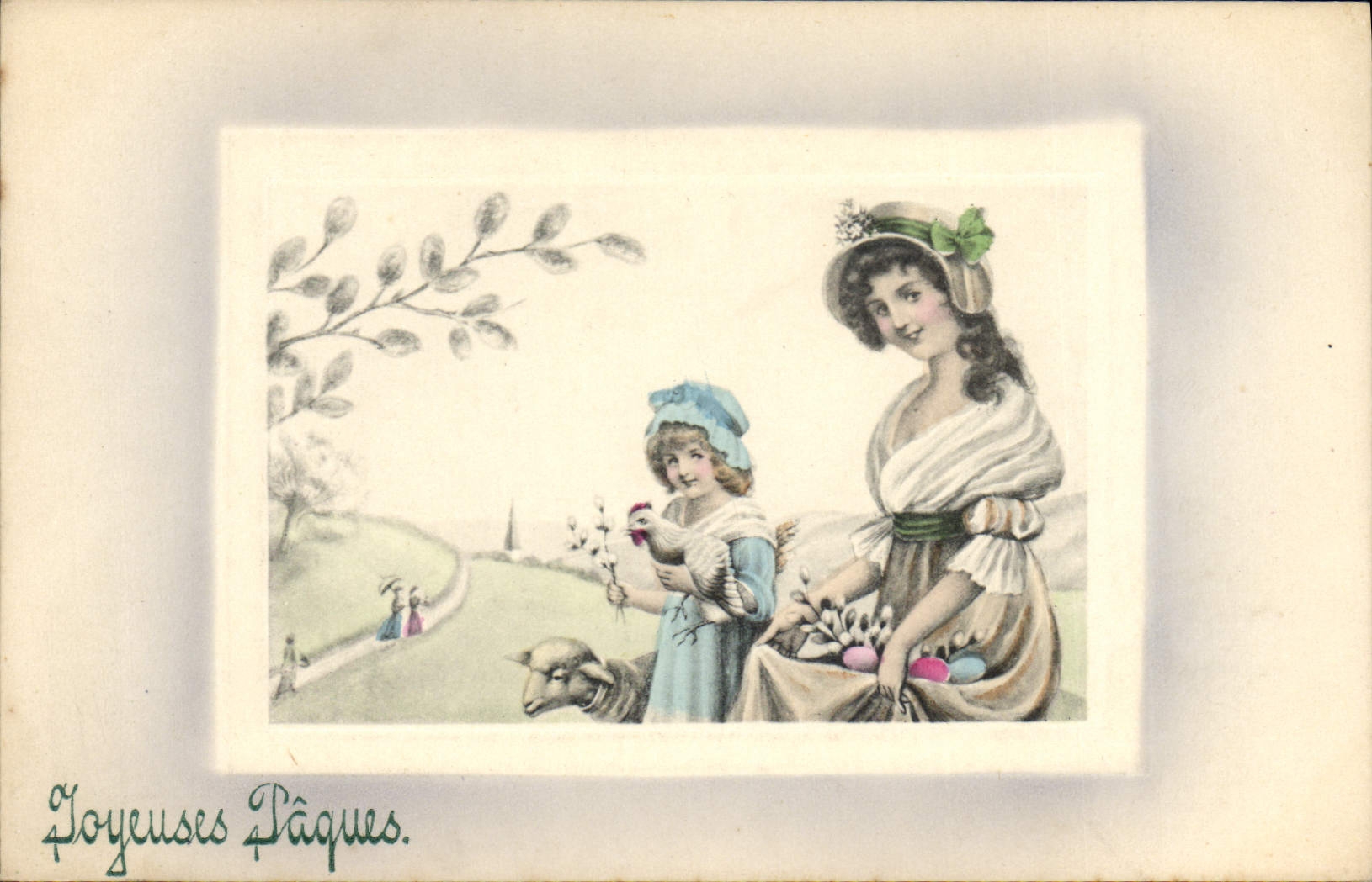 Fête de Pâques — femme et enfant avec lapin et œufs — V.K., Vienne, n° 4044
