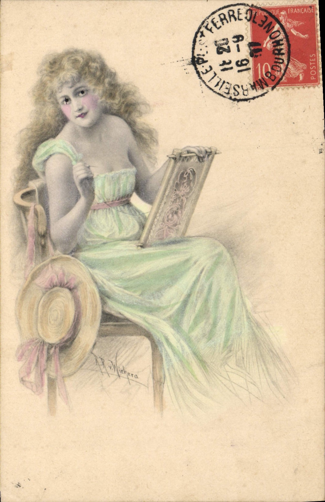 Jeune femme en robe verte brodant — éditeur M.M. Vienne, n° 199