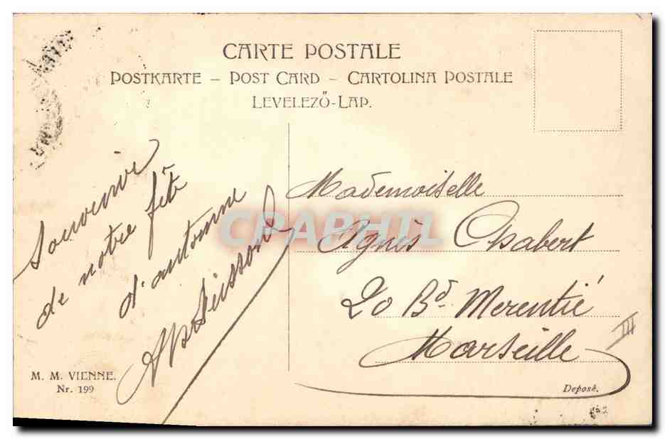 Jeune femme en robe verte brodant — éditeur M.M. Vienne, n° 199 — Rückseite