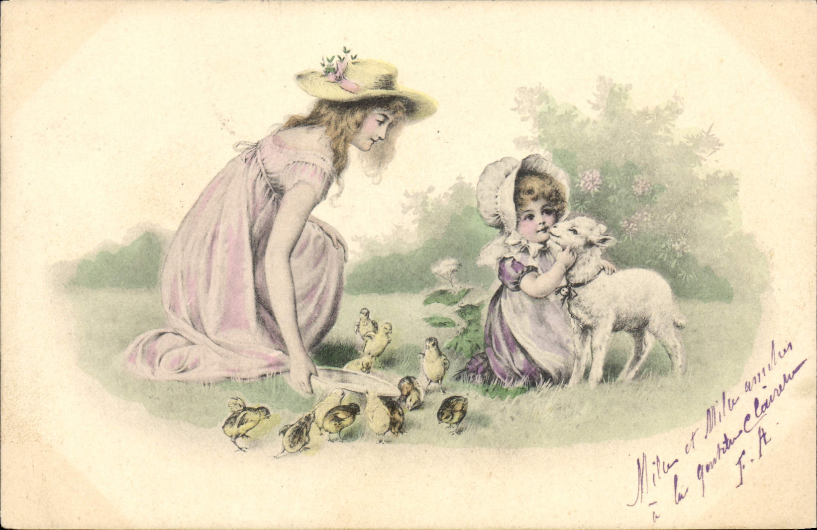 Femmes et enfants avec poussins et agneau — éditeur F. A. (Paris)