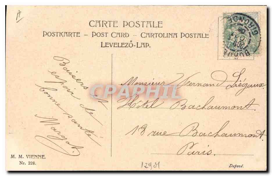 Jeune femme avec couronne de lauriers — M. M. Vienne, n° 228 — éditeur M. M. Vienne — Verso