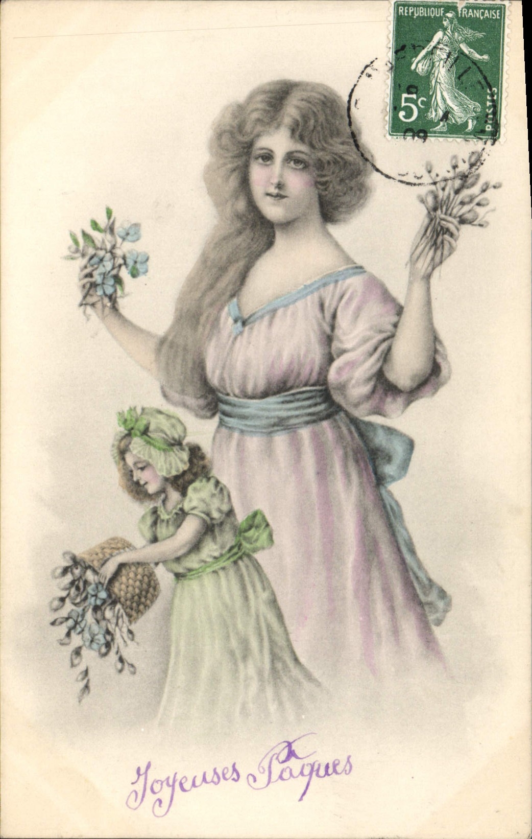 Femme et enfant avec bouquet — Pâques — éditeur V. K., Vienne, n° 4029