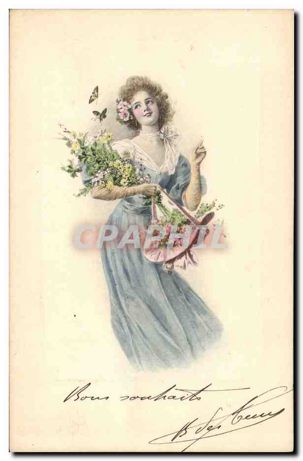 Jeune femme en robe bleue tenant un bouquet — éditeur M. M. Vienne, n° 276