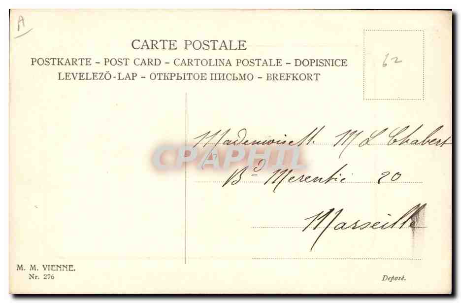 Jeune femme en robe bleue tenant un bouquet — éditeur M. M. Vienne, n° 276 — Verso