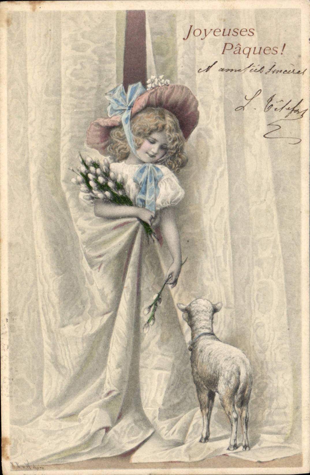 Fille avec agneau — Pâques — éditeur M. M. VIENNE, n°138