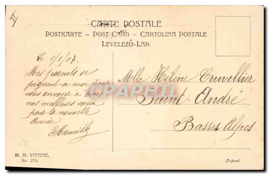 Femme en robe blanche portant des paniers de fleurs — Bonne année 1907 — M. M. VIENNE, N° 276 — Verso