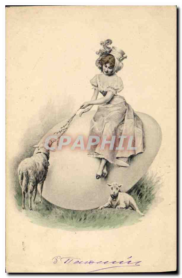 Fille assise sur un grand œuf avec des moutons — édition de la maison M. M. Vienne