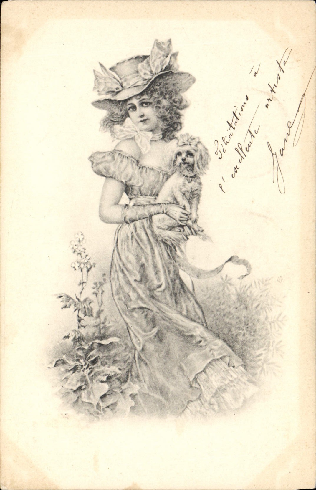 Jeune femme en robe élégante tenant un petit chien — dédicace à l'artiste — éditeur anonyme, n° 846