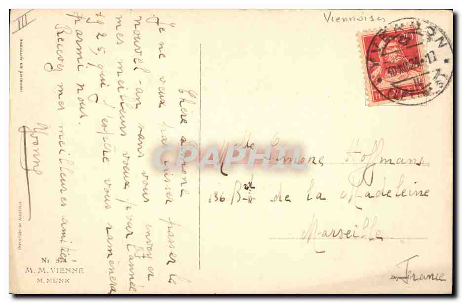 Couple en tenue d'époque — Heureuse Année! — M. M. Vienne, n° 37 — Verso