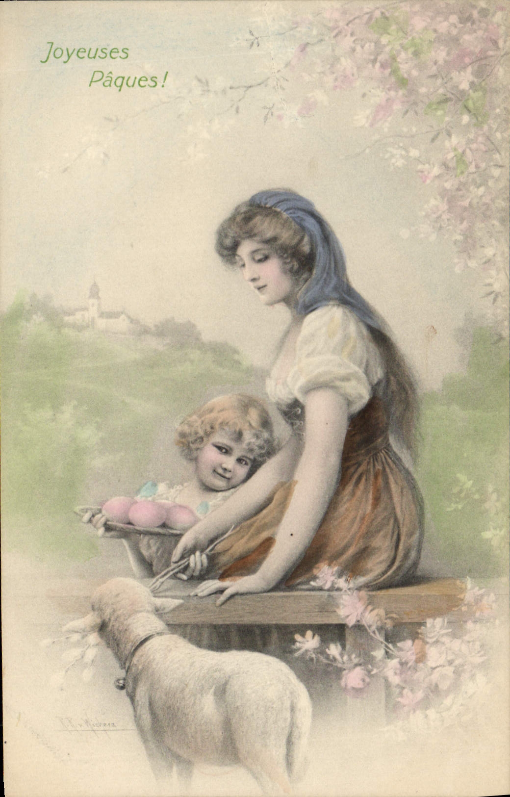 Femme et enfant avec agneau — Pâques — M. M. Vienne, Nr. 300