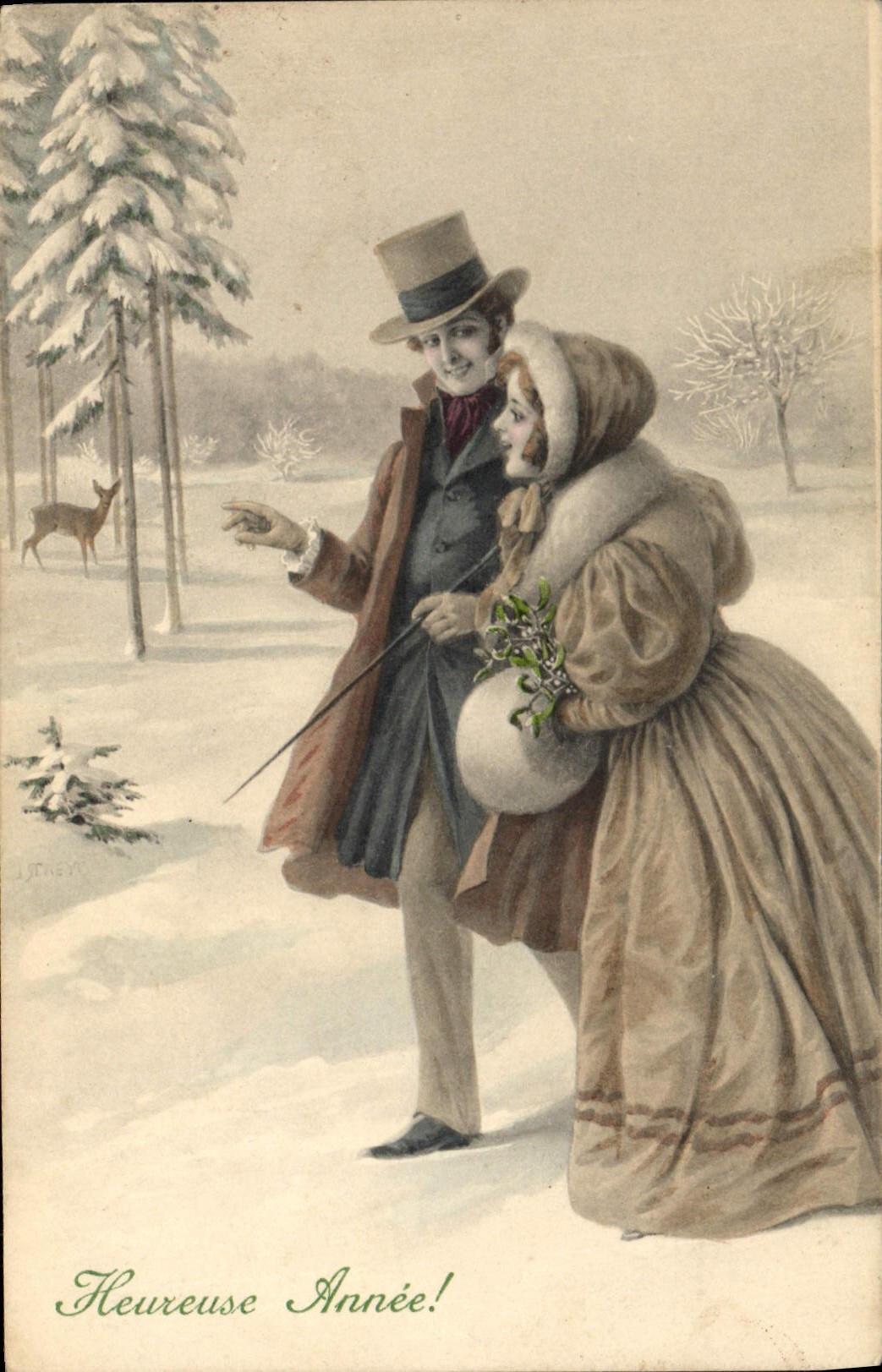 Couple en tenue d'hiver dans un paysage neigeux — J. Thévy — éditeur M. M. Vienne, n° 465