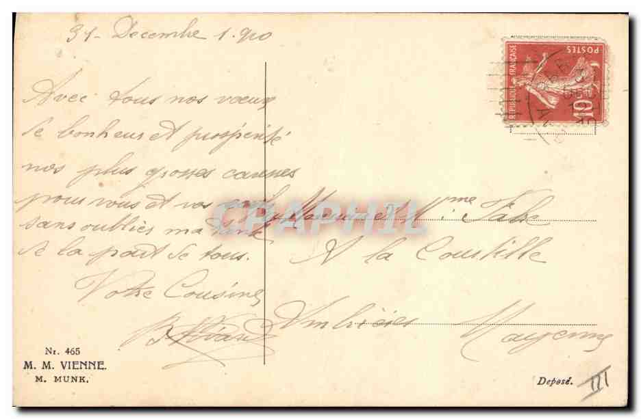 Couple en tenue d'hiver dans un paysage neigeux — J. Thévy — éditeur M. M. Vienne, n° 465 — Verso