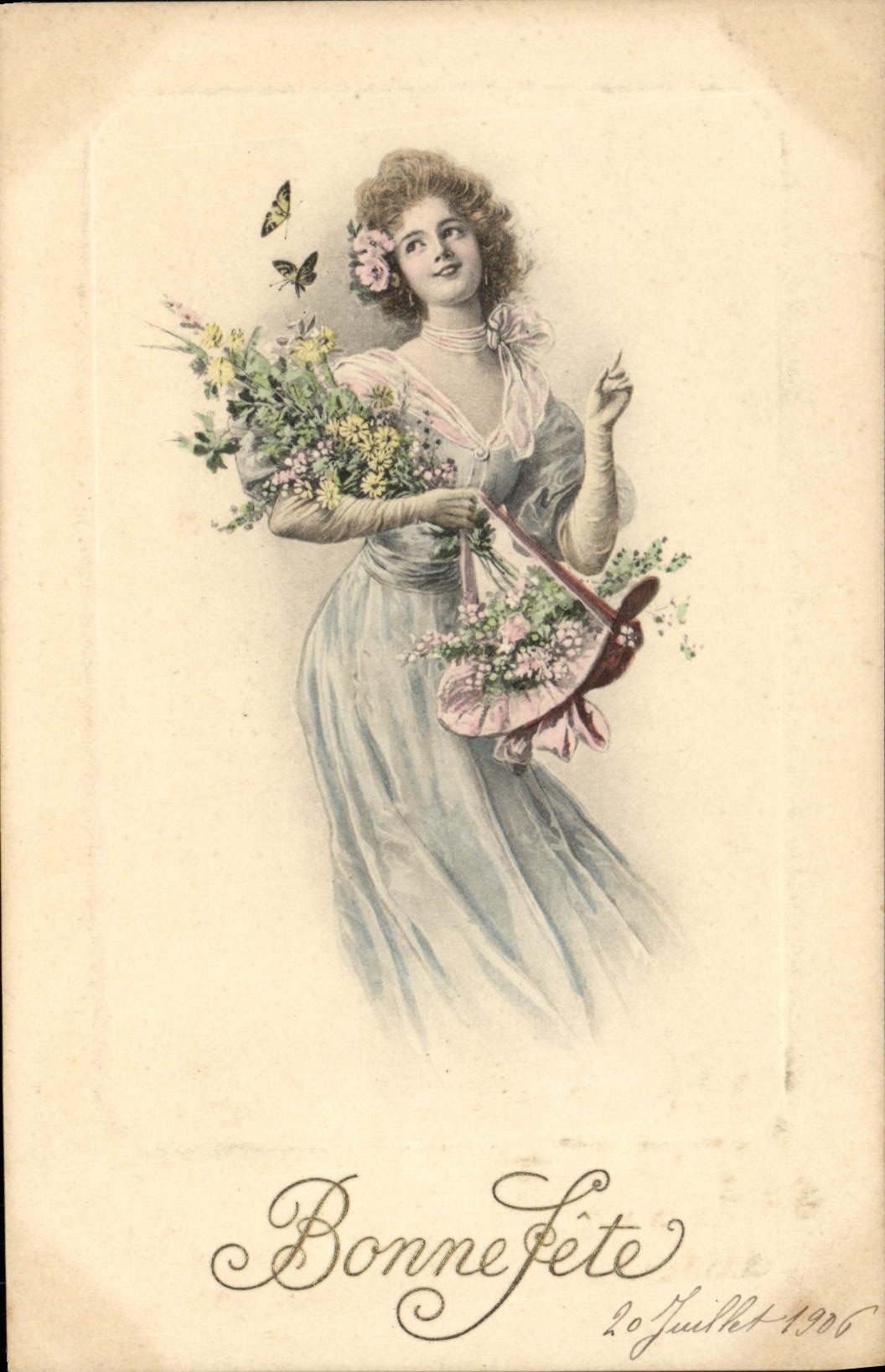 Jonge vrouw met bloemenvoorwerp — Gelukkig verjaardag — uitgever M. M. VIENNE, n° 276