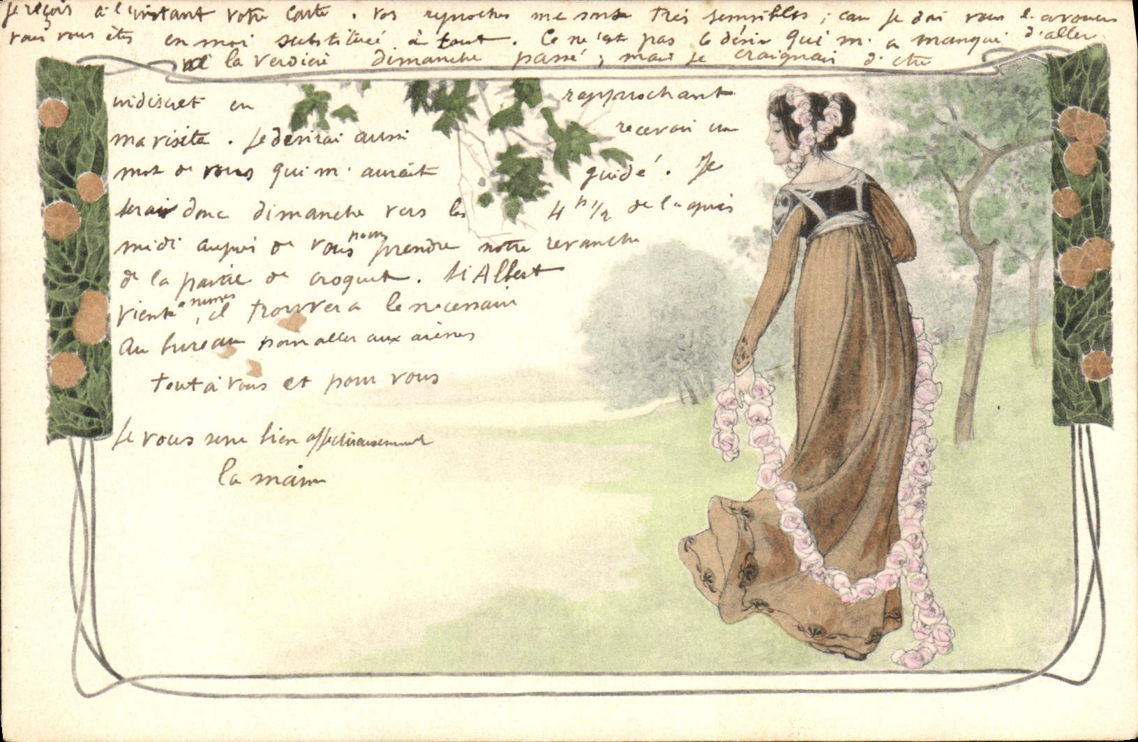 Femme en robe longue ornée de fleurs — scène bucolique — éditeur M. M. Vienne, n° IV