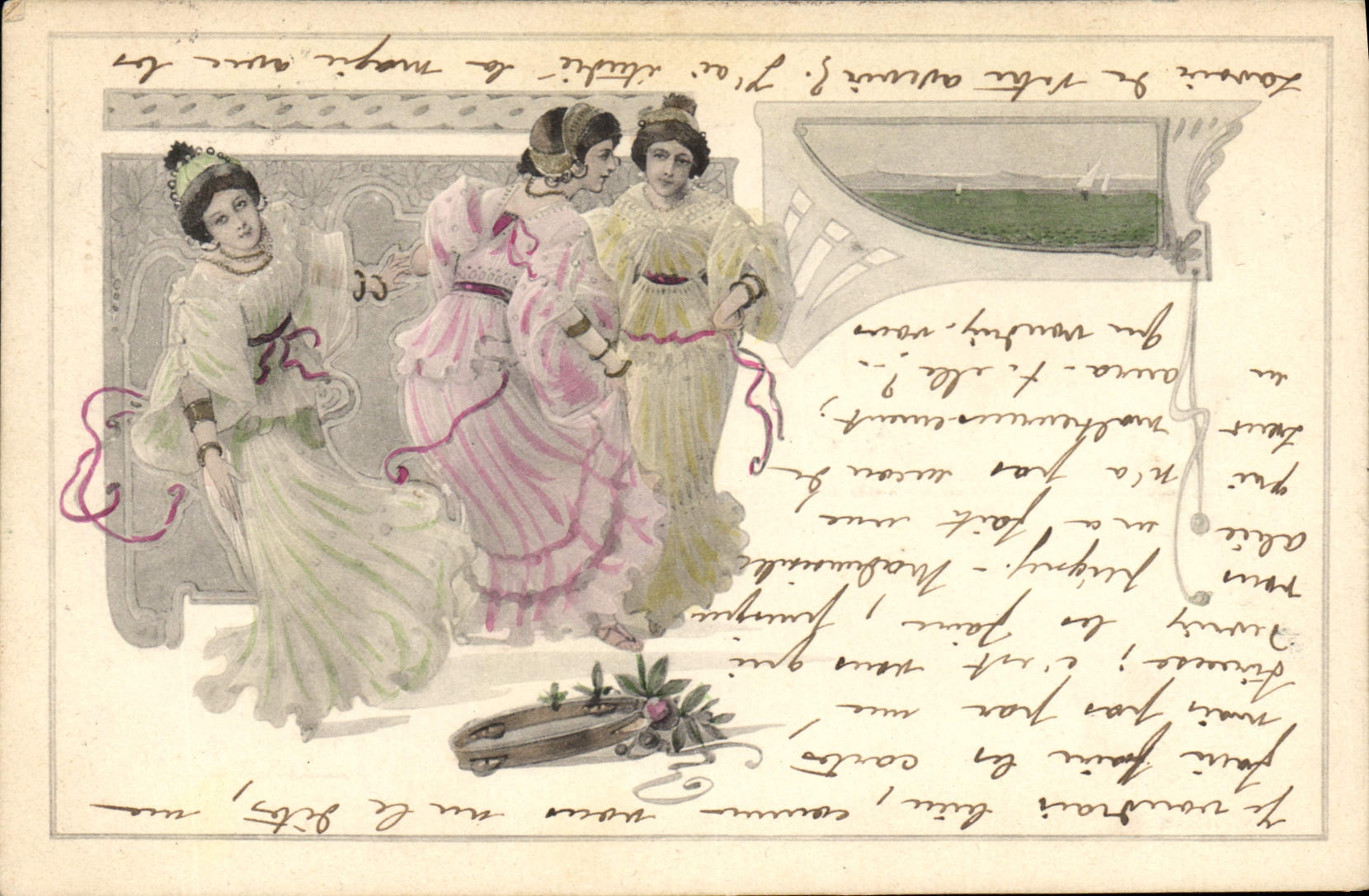 Trois jeunes femmes en robe de bal — éditeur M. M. Vienne