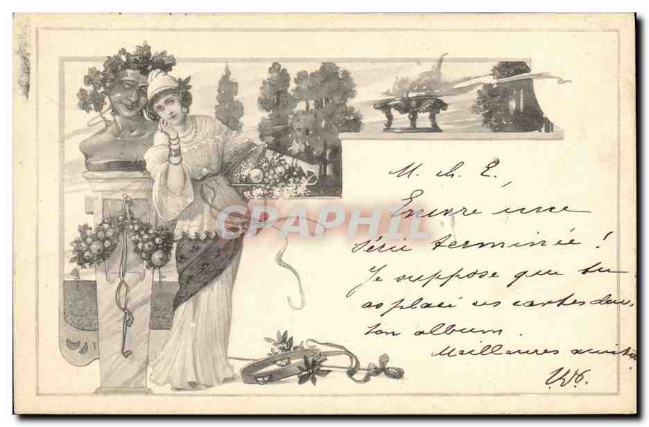 Mujer al lado de un busto — escena de jardín — editorial M. M. Vienne, n° 50